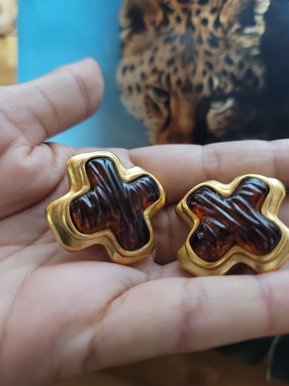 Vintage Gold and Brown Cross Motif Earrings